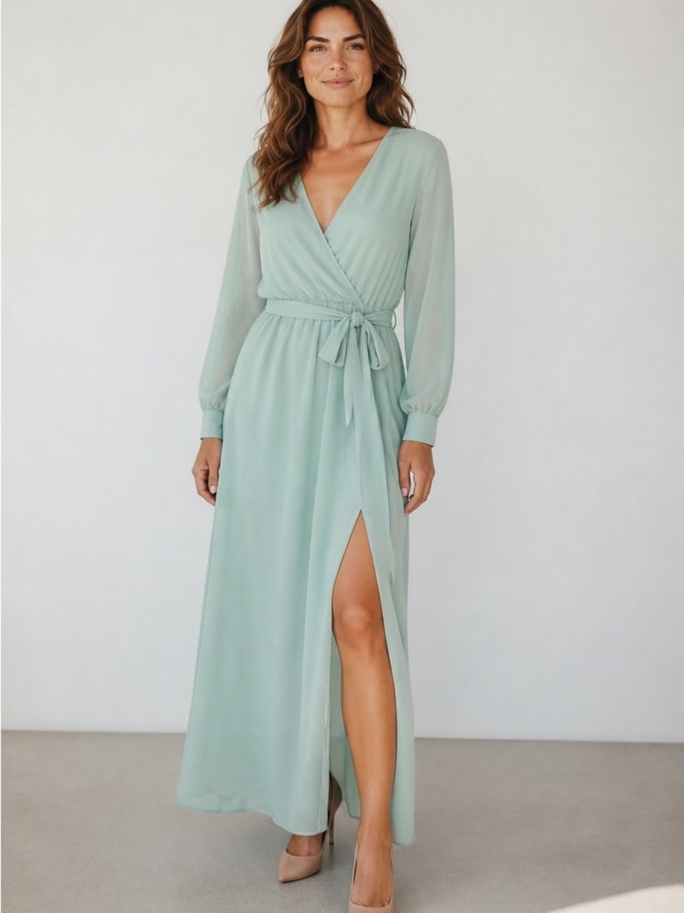 Pink Lily Sage Green Wrap Maxi Dress with Long Sheer Sleeves